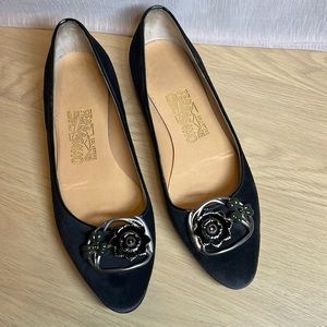 Ferragamo Black Suede Flats with Pewter and Black Accents 7C